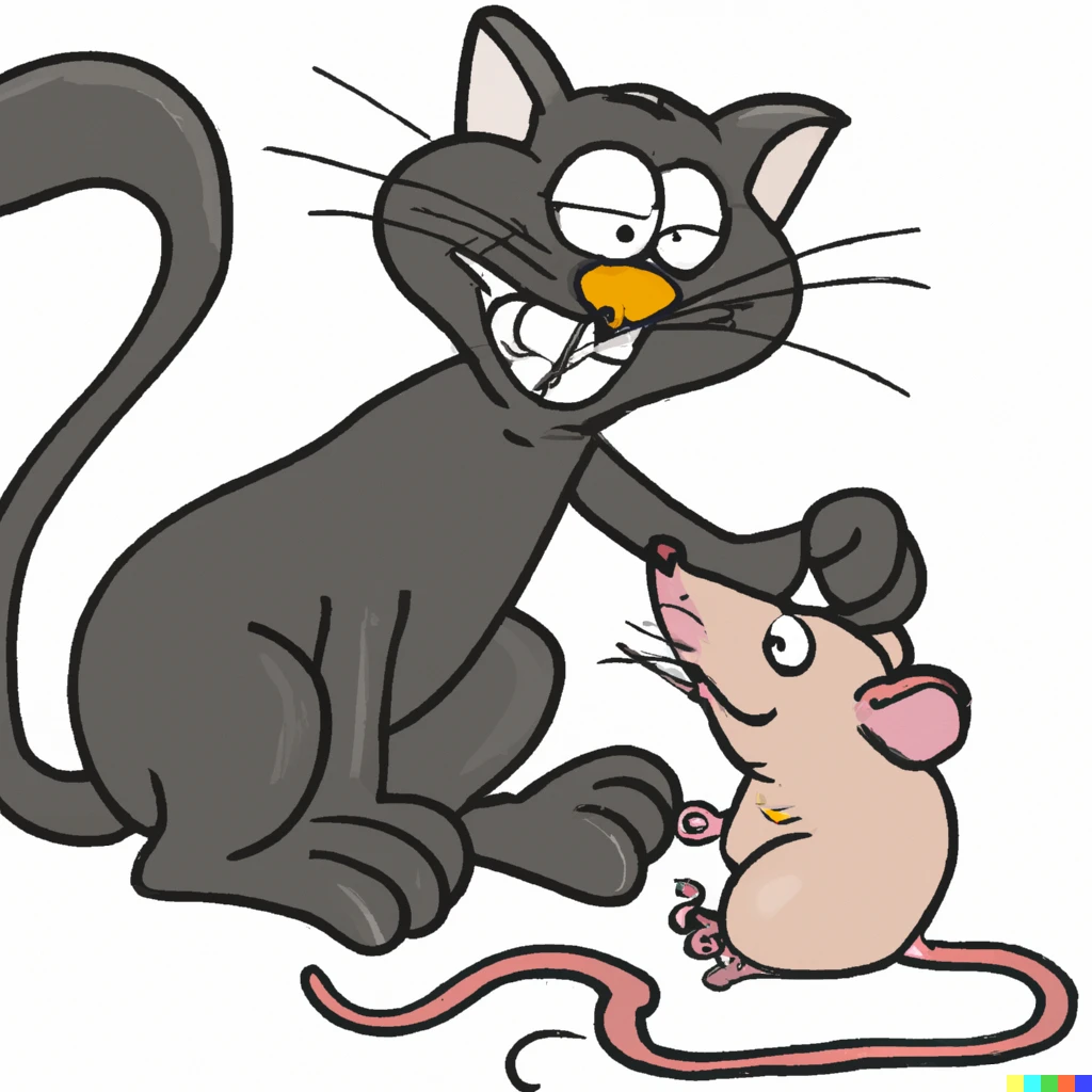 A cartoon of a cat catching a mouse